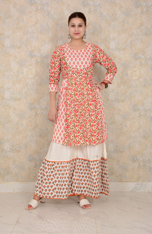 Pink Embroidery Work Rayon Kurti And Sharara Set