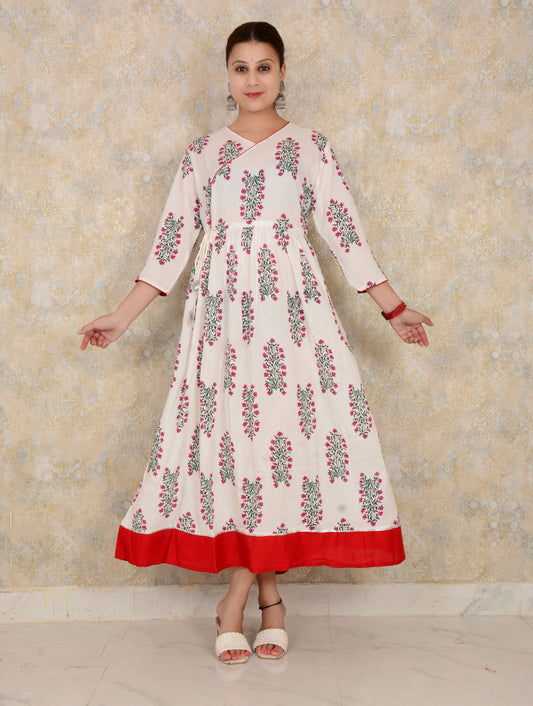 White Embroidery Work Rayon Anarkali Floral Print Single Gown