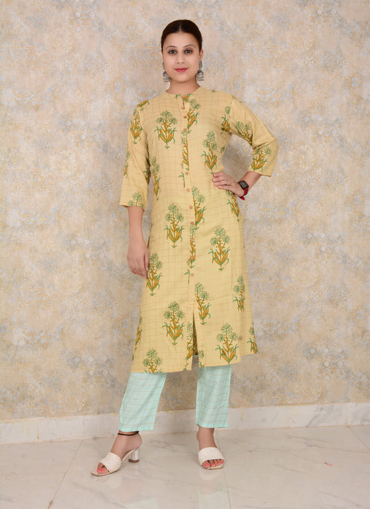 Yellow Floral Print Cotton A-line Kurti With Pant Set