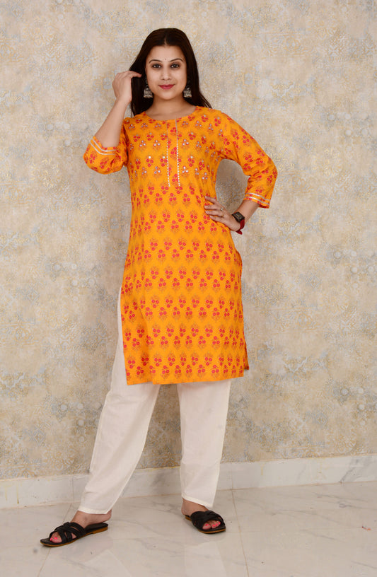 Yellow Cotton Floral Print Straight Embroidery Work Single Kurti