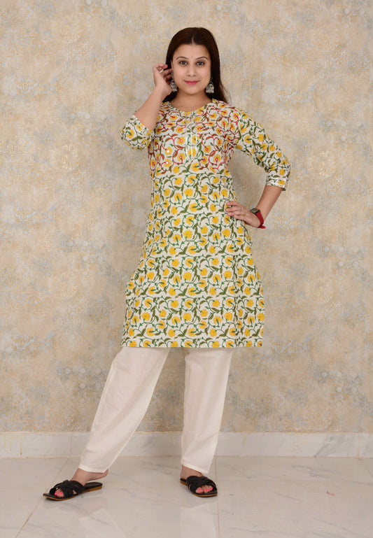 Green Cotton Floral Print Straight Embroidery Work Single Kurti