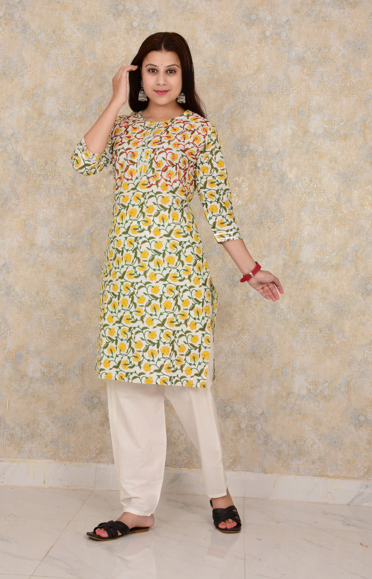 Green Cotton Floral Print Straight Embroidery Work Single Kurti