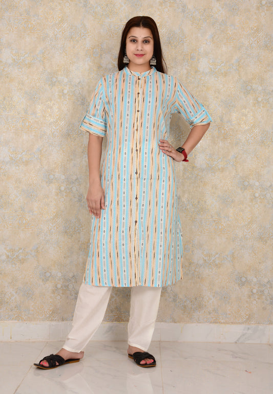 Skyblue Cotton Fabric  Printed A-line Single Kurti