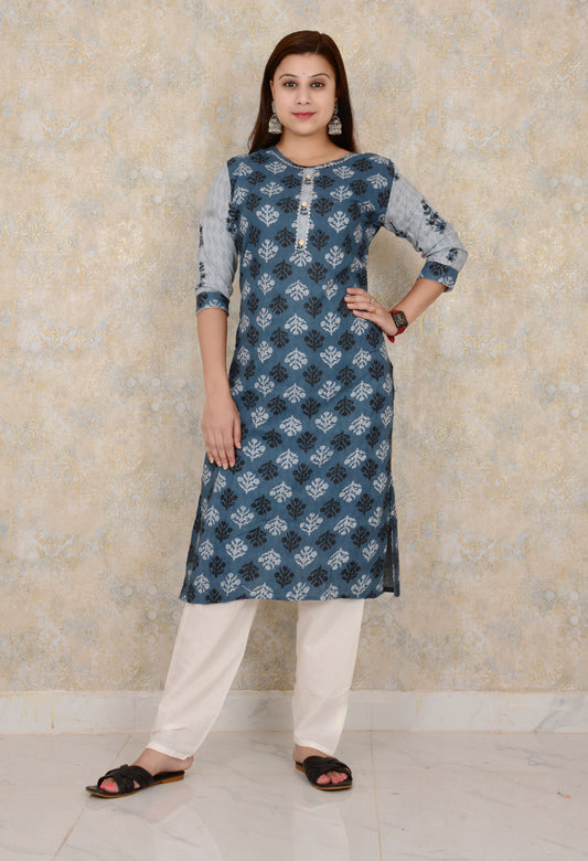 Blue Cotton Printed Straight Embroidery Work Single Kurti