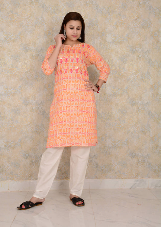 Yellow Cotton Printed Straight Embroidery Work Single Kurti