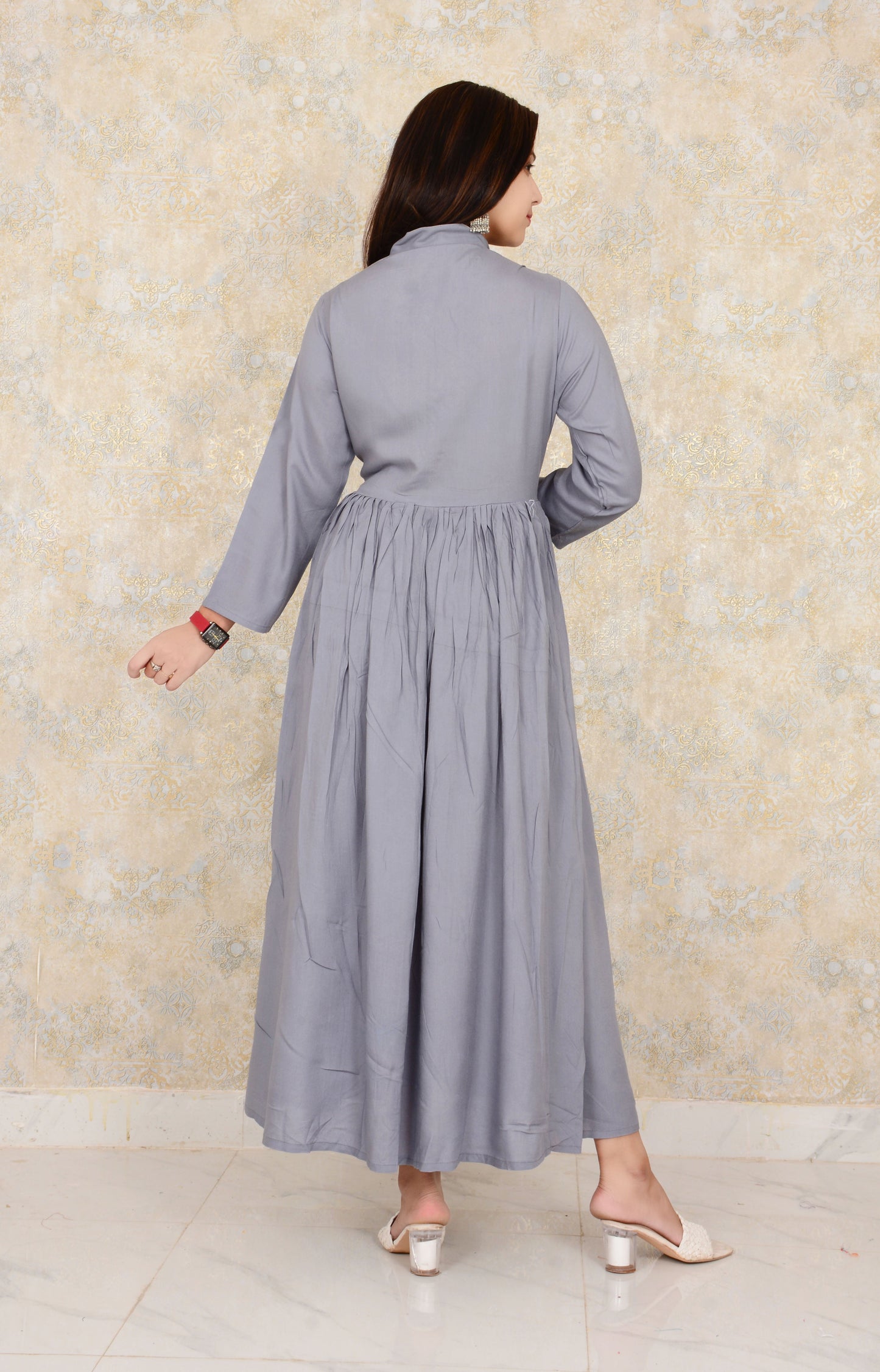 Beautiful Grey Solid Rayon Fabric Anarkali Style Single Gown