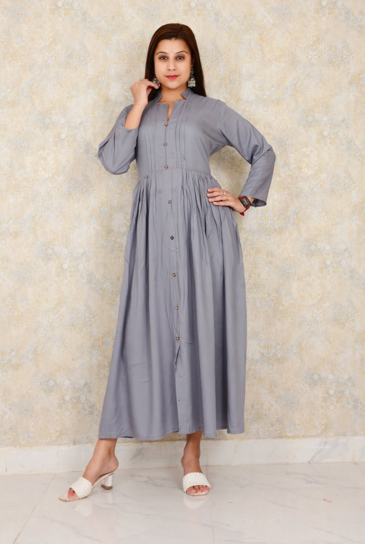 Beautiful Grey Solid Rayon Fabric Anarkali Style Single Gown