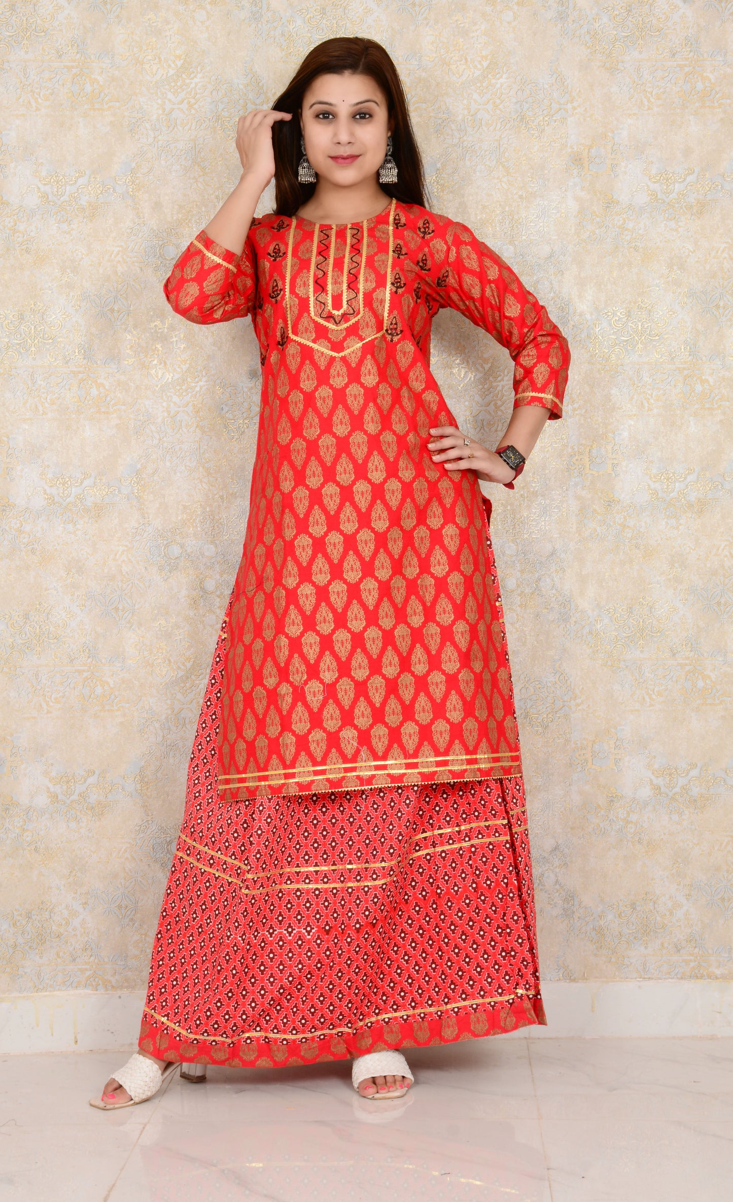 Red Embroidery Work Cotton Straight Kurti And Skirt Set