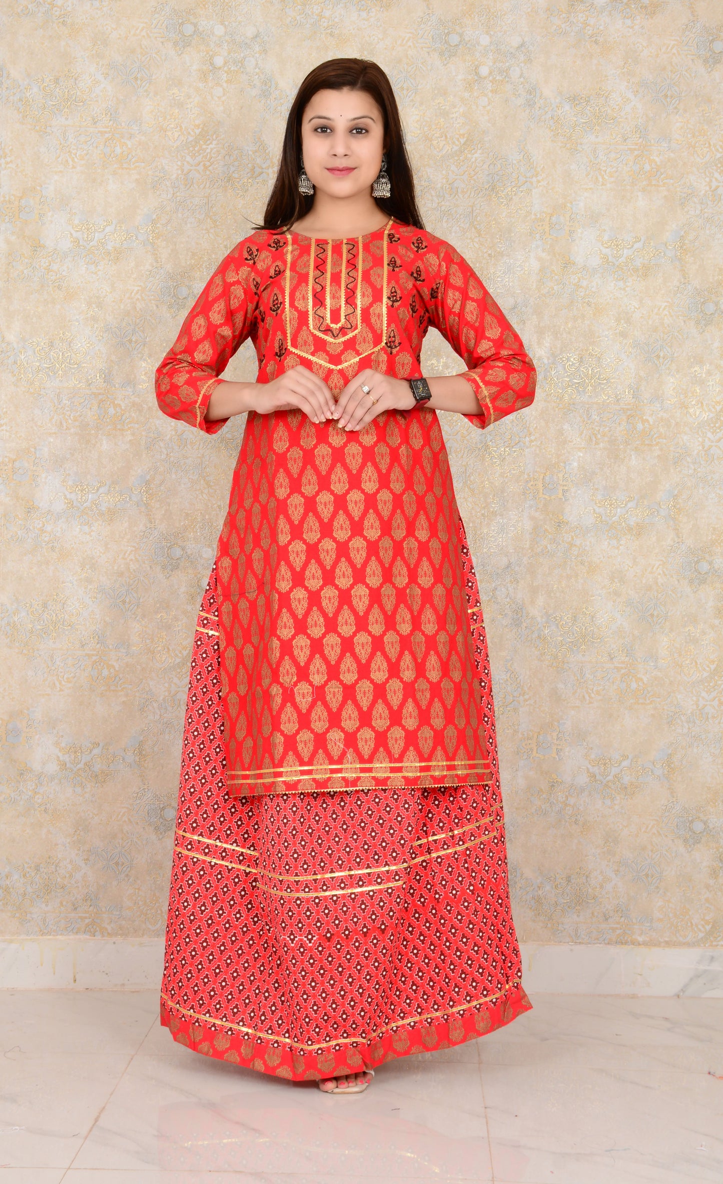 Red Embroidery Work Cotton Straight Kurti And Skirt Set