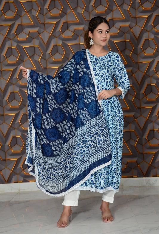 Blue Printed Cotton Embroidery Work Anarkali Kurti And Pant with Cotton Dupatta Set