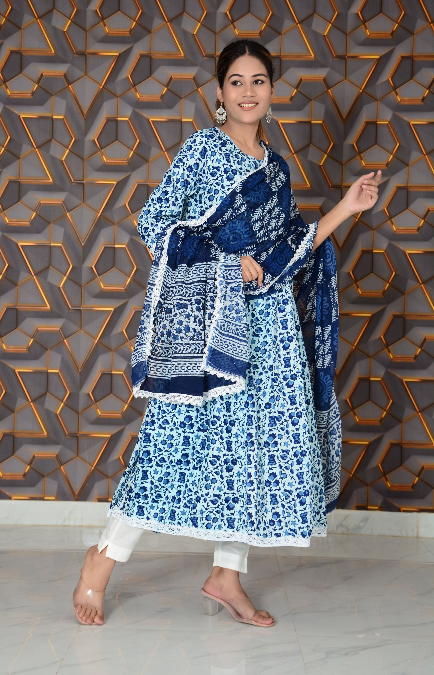 Blue Printed Cotton Embroidery Work Anarkali Kurti And Pant with Cotton Dupatta Set