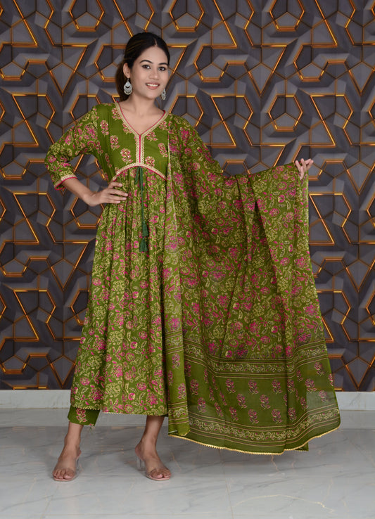 Green Printed Cotton Embroidery Work Anarkali Kurti And Pant with Cotton Dupatta Set