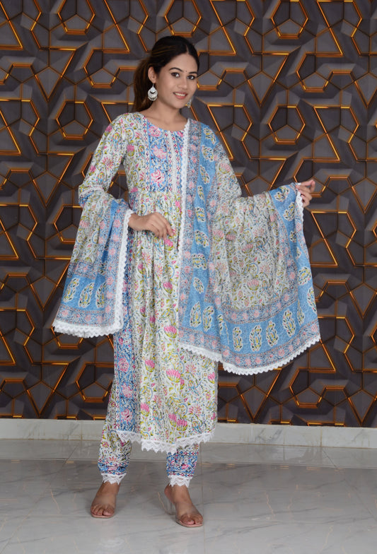 SkyBlue Printed Cotton Embroidery Work Anarkali Kurti And Pant with Cotton Dupatta Set