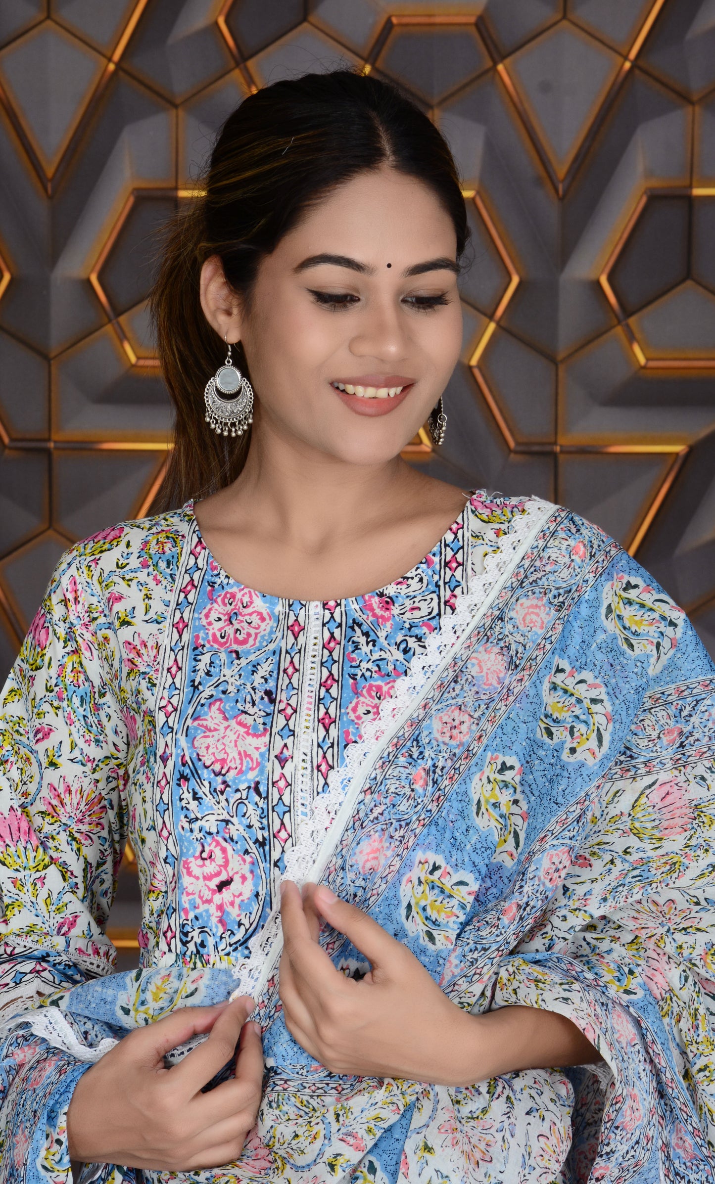 SkyBlue Printed Cotton Embroidery Work Anarkali Kurti And Pant with Cotton Dupatta Set