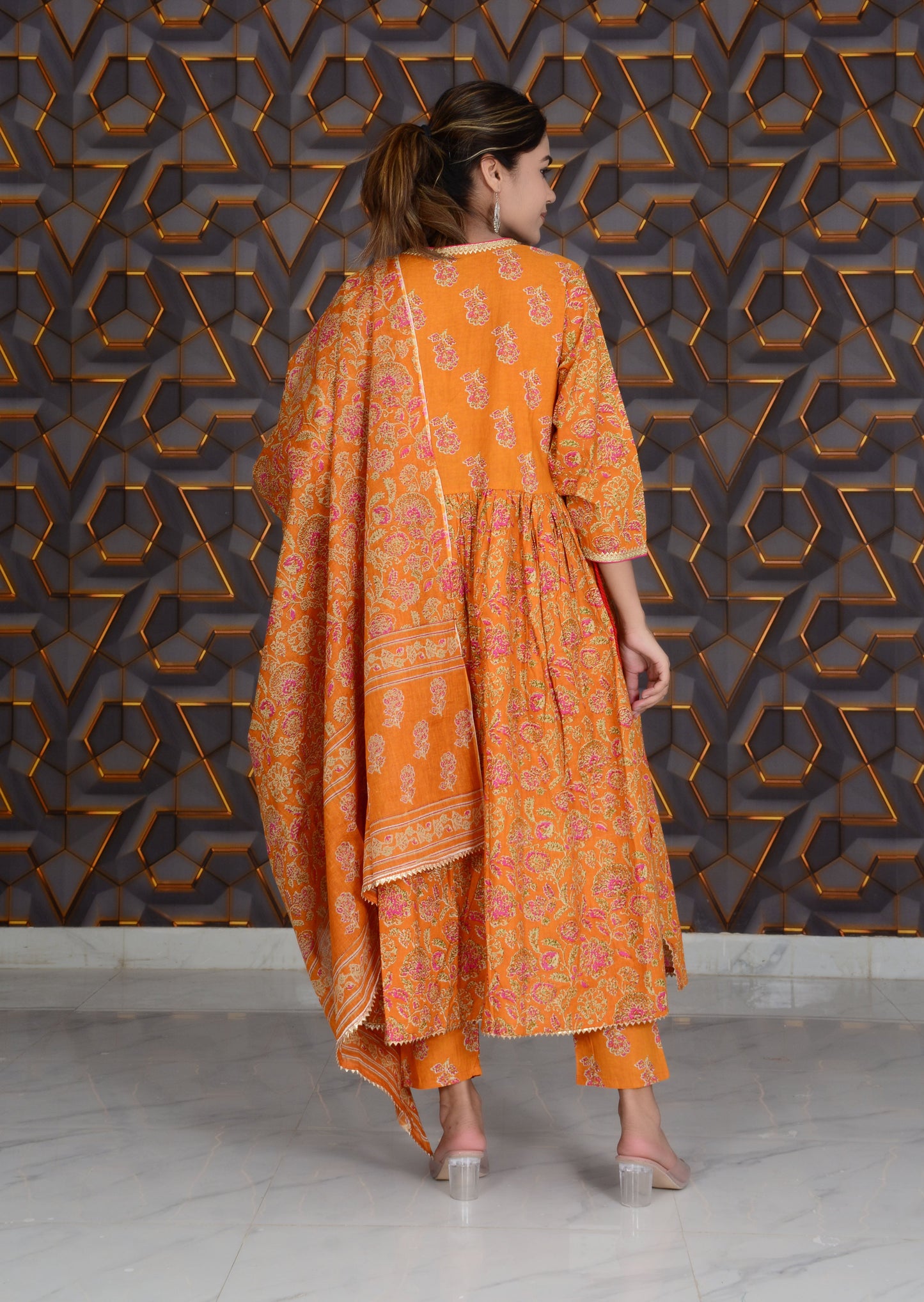 Orange Printed Cotton Embroidery Work Anarkali Kurti And Pant with Cotton Dupatta Set