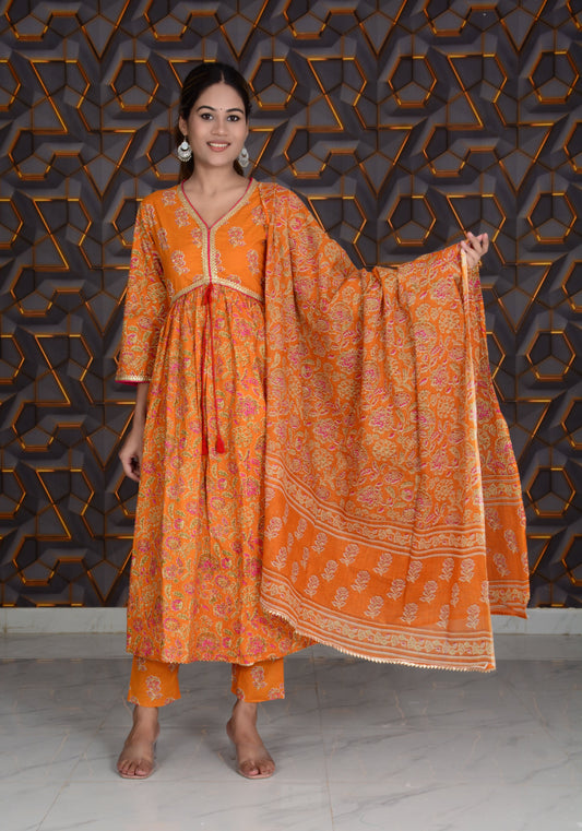 Orange Printed Cotton Embroidery Work Anarkali Kurti And Pant with Cotton Dupatta Set