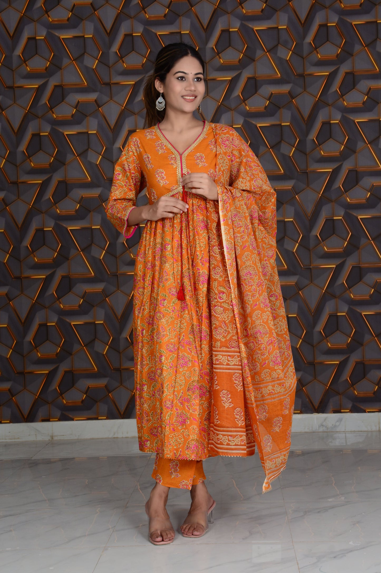 Orange Printed Cotton Embroidery Work Anarkali Kurti And Pant with Cotton Dupatta Set