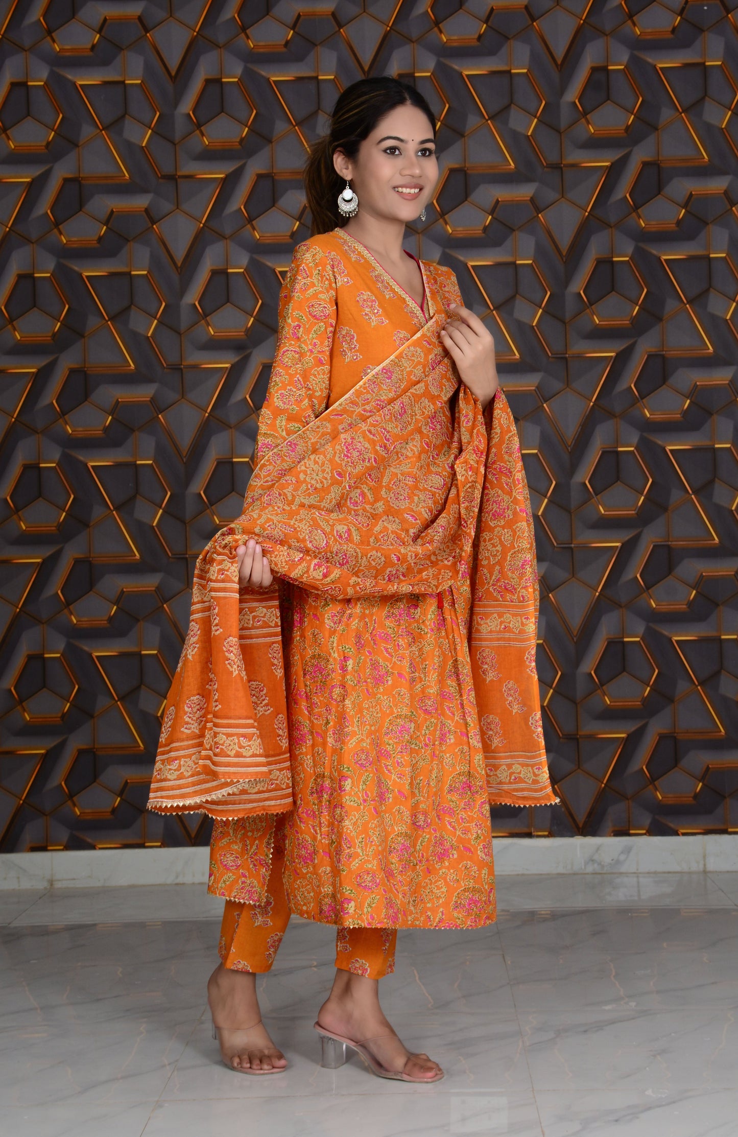 Orange Printed Cotton Embroidery Work Anarkali Kurti And Pant with Cotton Dupatta Set