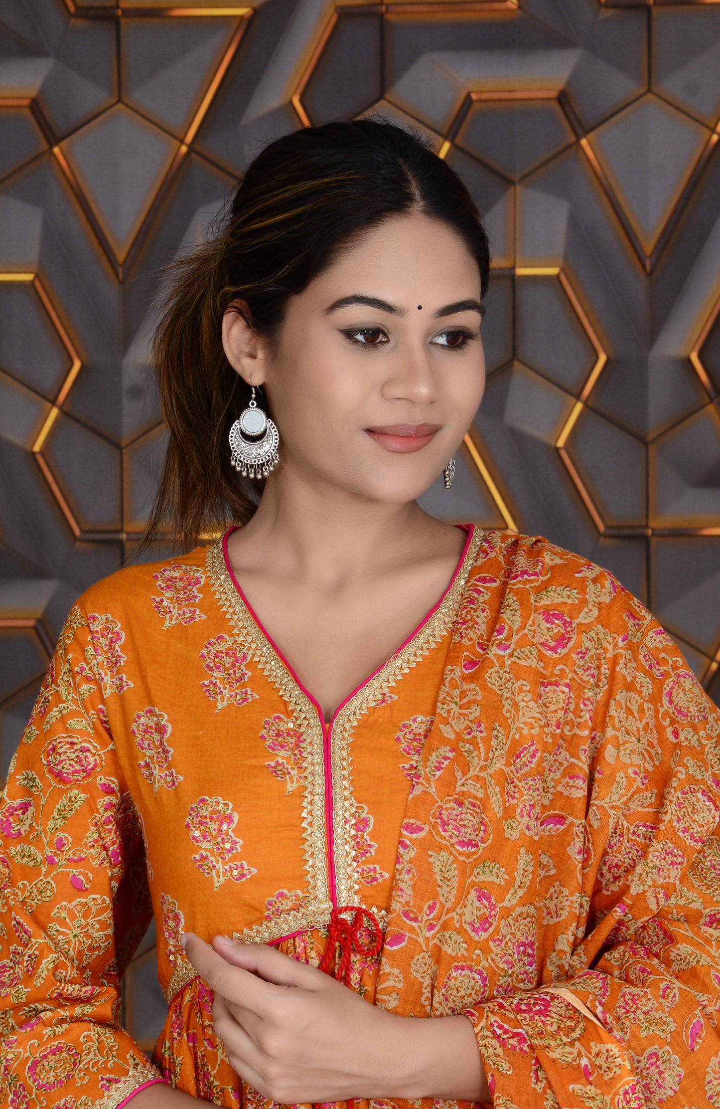 Orange Printed Cotton Embroidery Work Anarkali Kurti And Pant with Cotton Dupatta Set