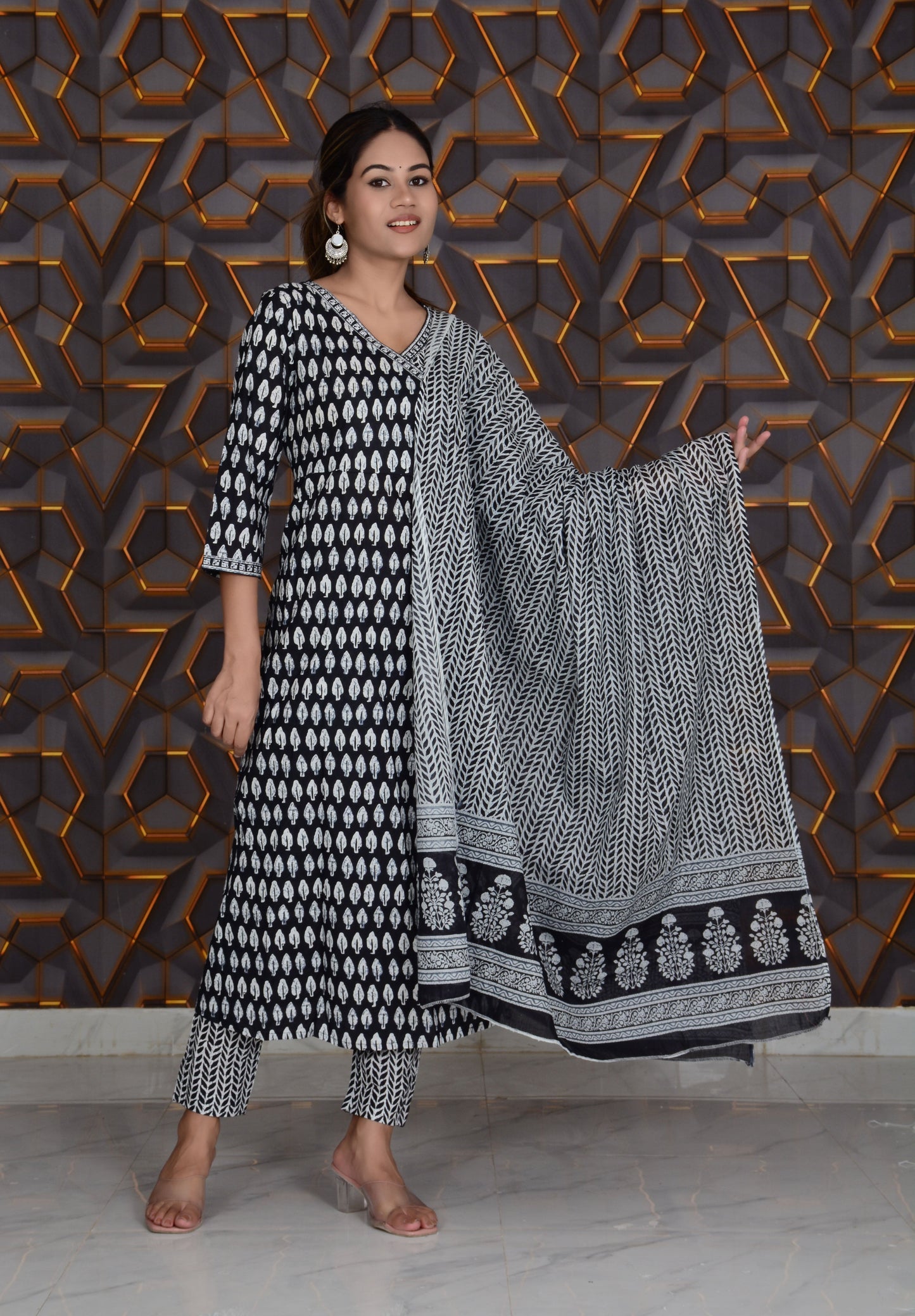 Black Printed Cotton Embroidery Work Straight Kurti And Pant with Cotton Dupatta Set