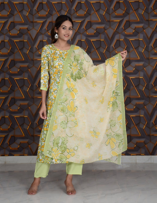 Green Embroidery Work Rayon Straight Kurti And Pant With Dupatta Set