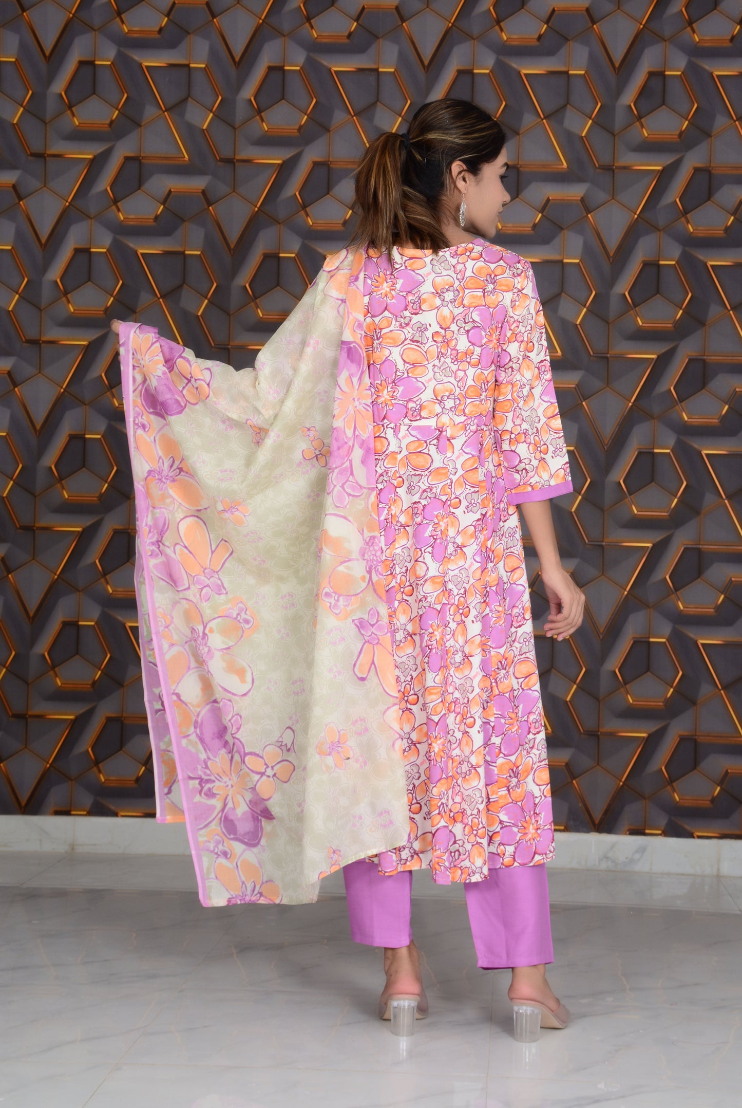 Pink Printed Rayon Embroidery Work Anarkali Kurti And Pant with Cotton Dupatta Set