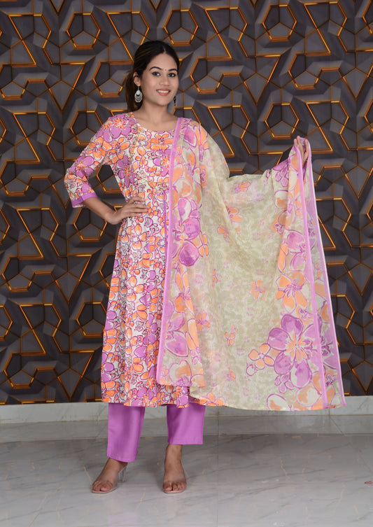 Pink Printed Rayon Embroidery Work Anarkali Kurti And Pant with Cotton Dupatta Set