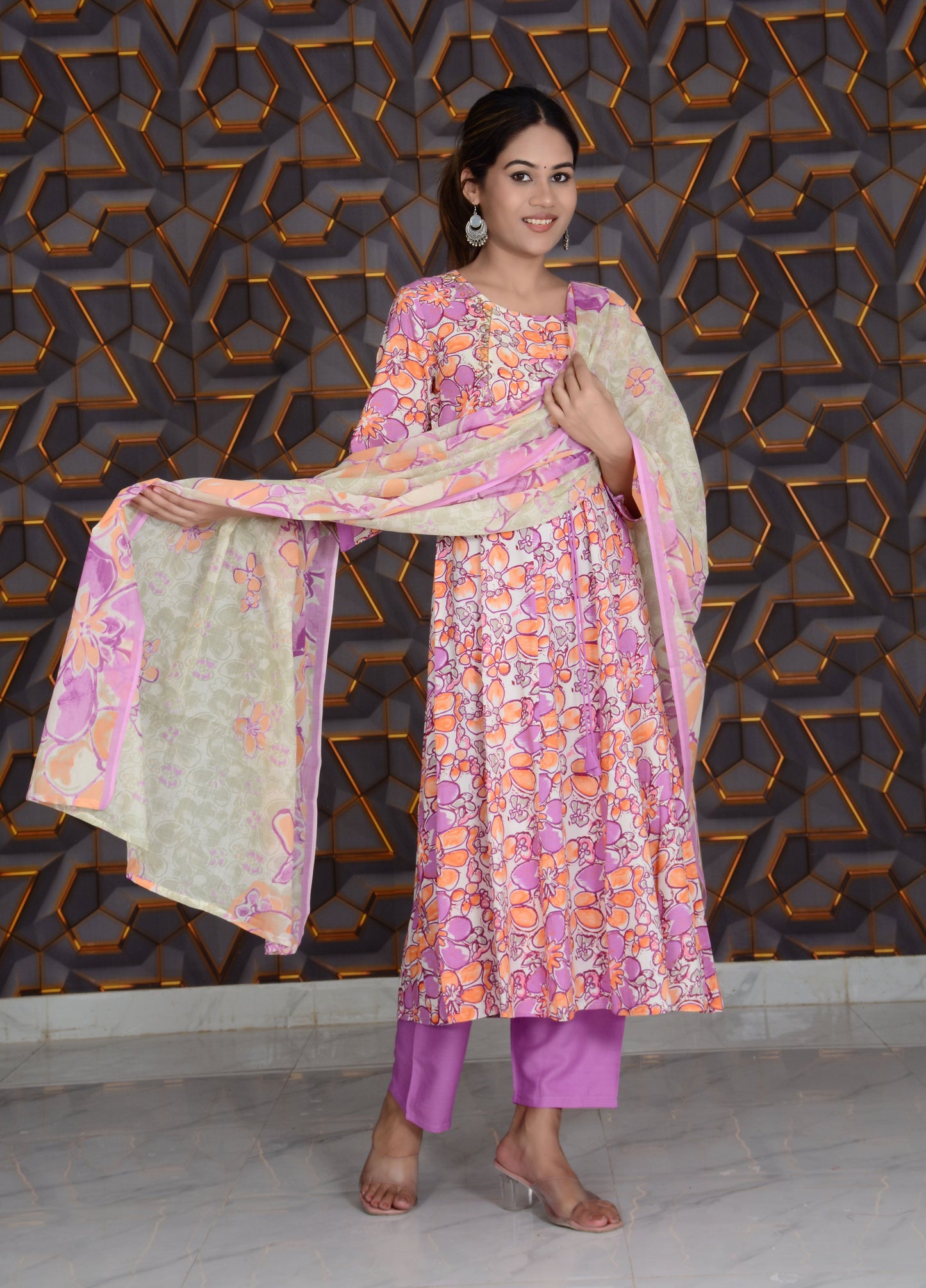 Pink Printed Rayon Embroidery Work Anarkali Kurti And Pant with Cotton Dupatta Set