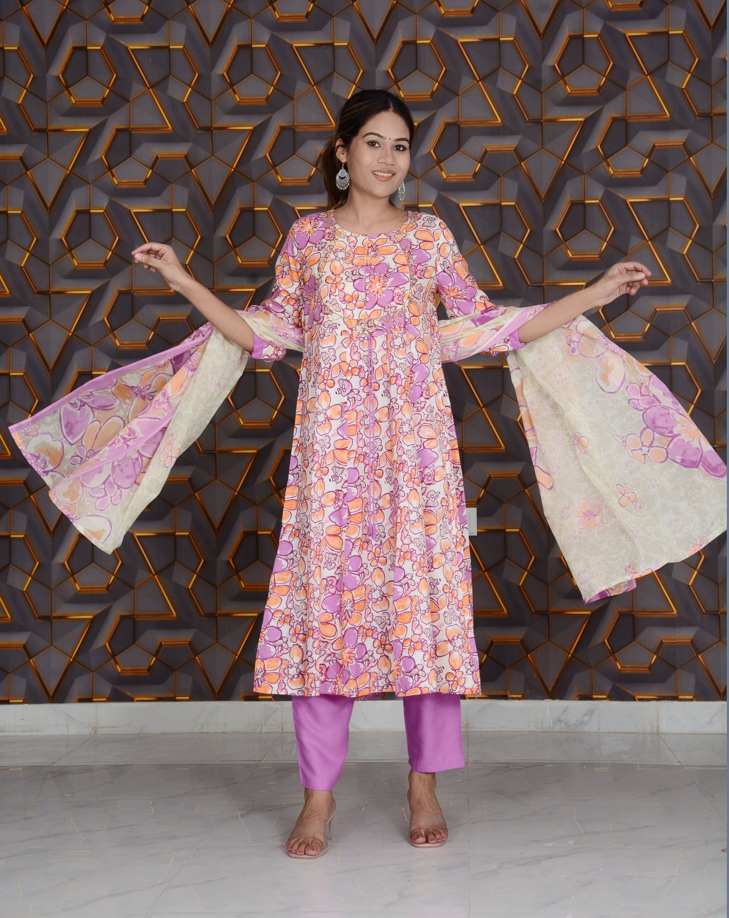 Pink Printed Rayon Embroidery Work Anarkali Kurti And Pant with Cotton Dupatta Set