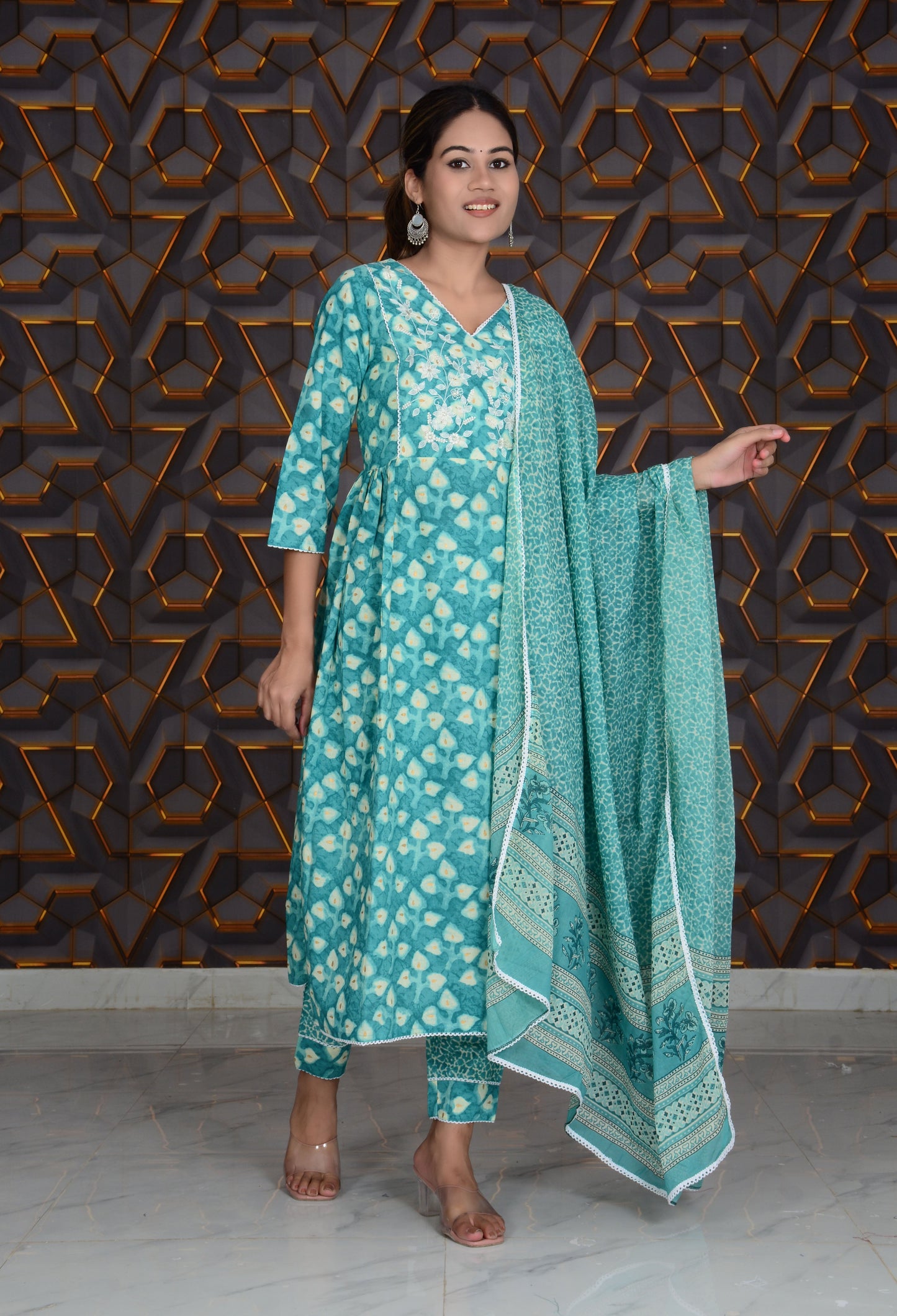 Blue Printed Cotton Embroidery Work Anarkali Kurti And Pant with Cotton Dupatta Set