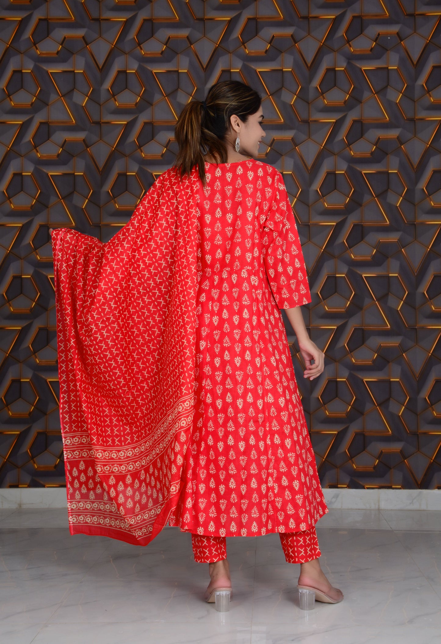 Red Printed Cotton Straight Kurti And Pant with Cotton Dupatta Set
