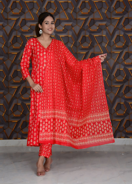 Red Printed Cotton Straight Kurti And Pant with Cotton Dupatta Set