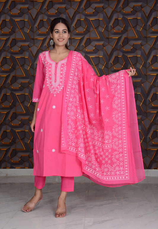 Pink Printed Cotton Embroidery Work Straight Kurti And Pant with Cotton Dupatta Set