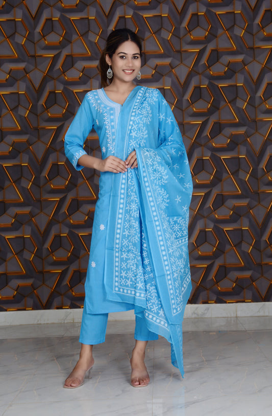 Blue Printed Cotton Embroidery Work Straight Kurti And Pant with Cotton Dupatta Set