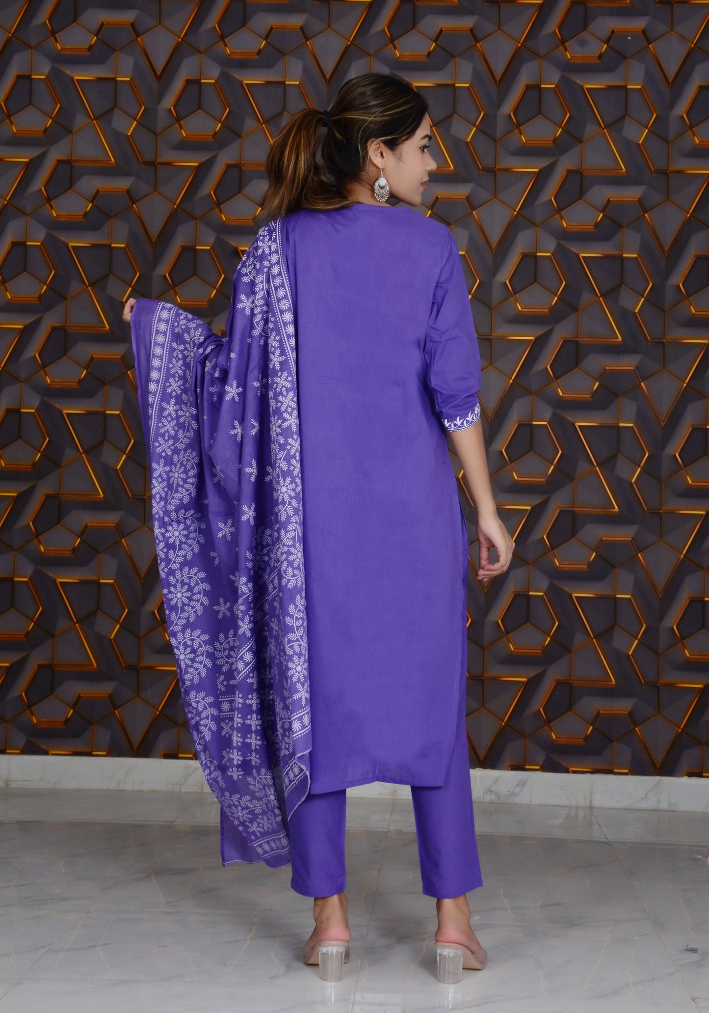 Purple Printed Cotton Embroidery Work Straight Kurti And Pant with Cotton Dupatta Set