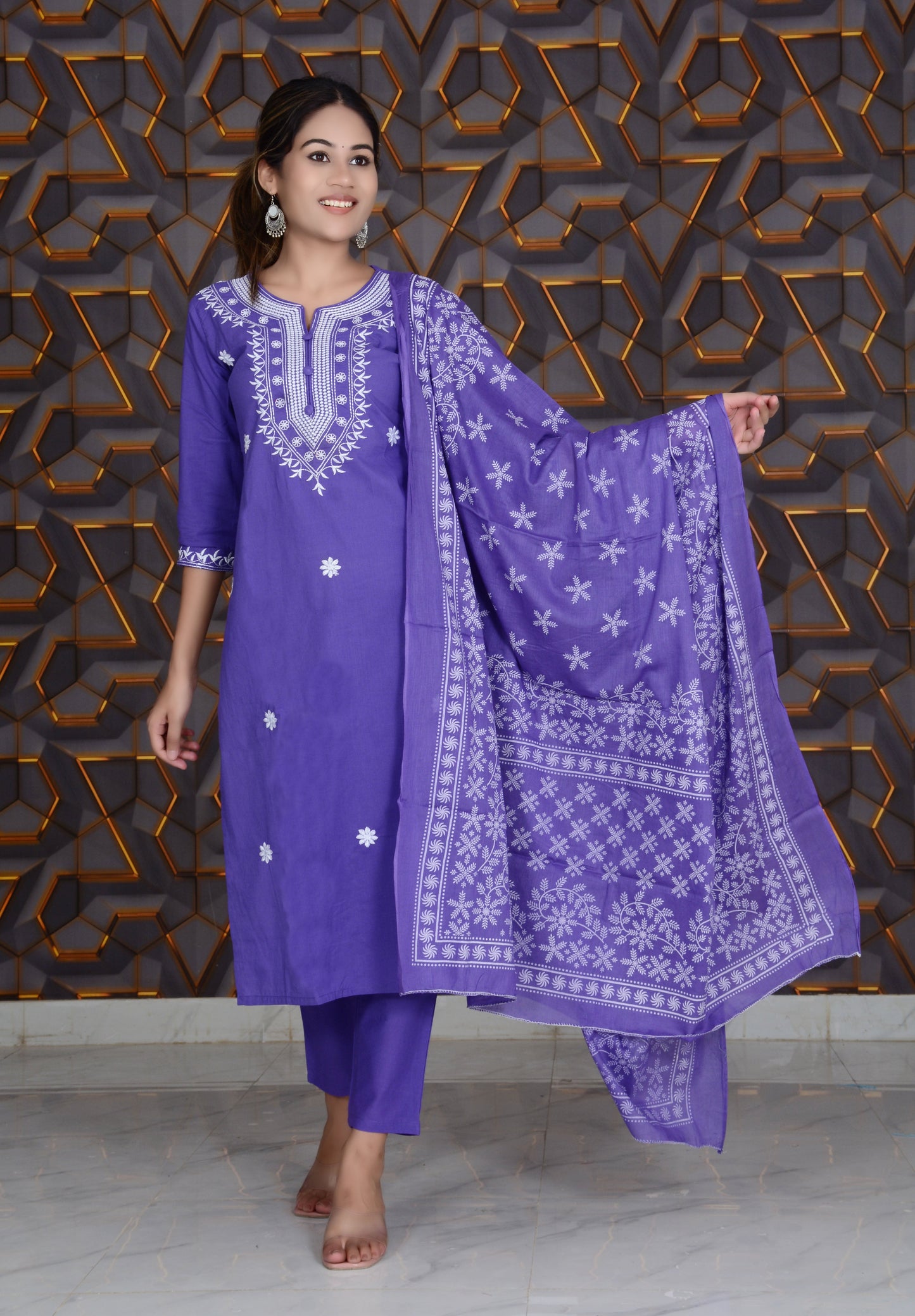 Purple Printed Cotton Embroidery Work Straight Kurti And Pant with Cotton Dupatta Set