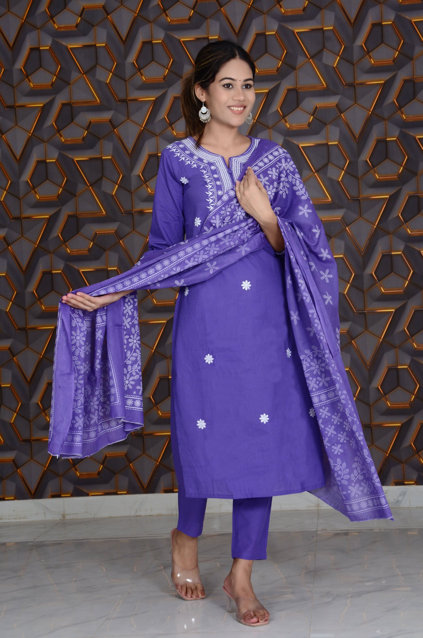 Purple Printed Cotton Embroidery Work Straight Kurti And Pant with Cotton Dupatta Set