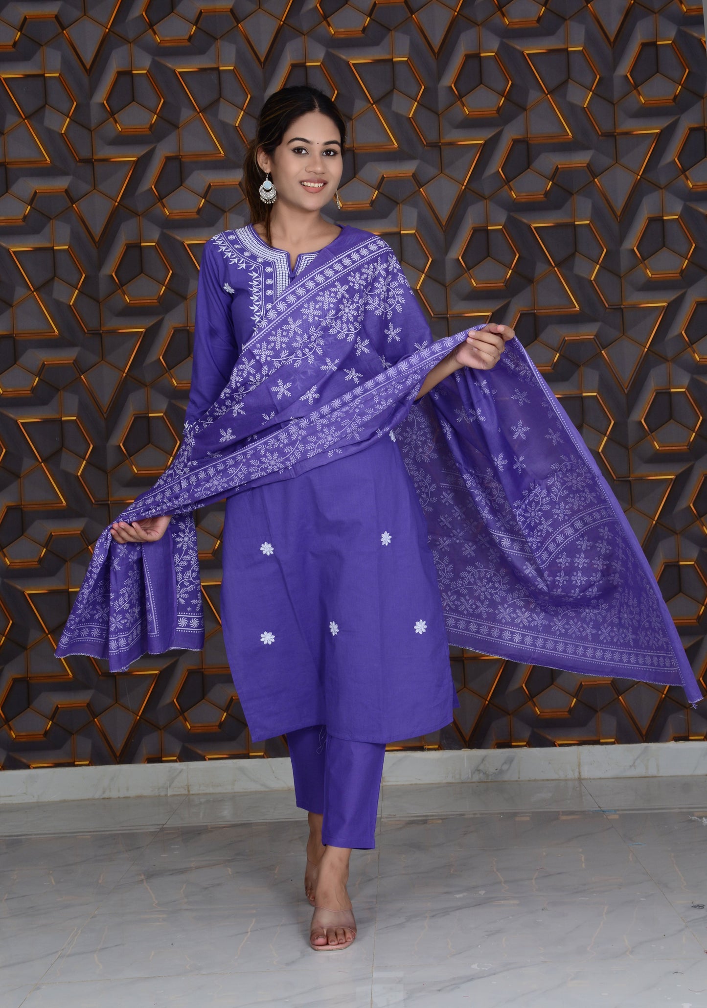 Purple Printed Cotton Embroidery Work Straight Kurti And Pant with Cotton Dupatta Set