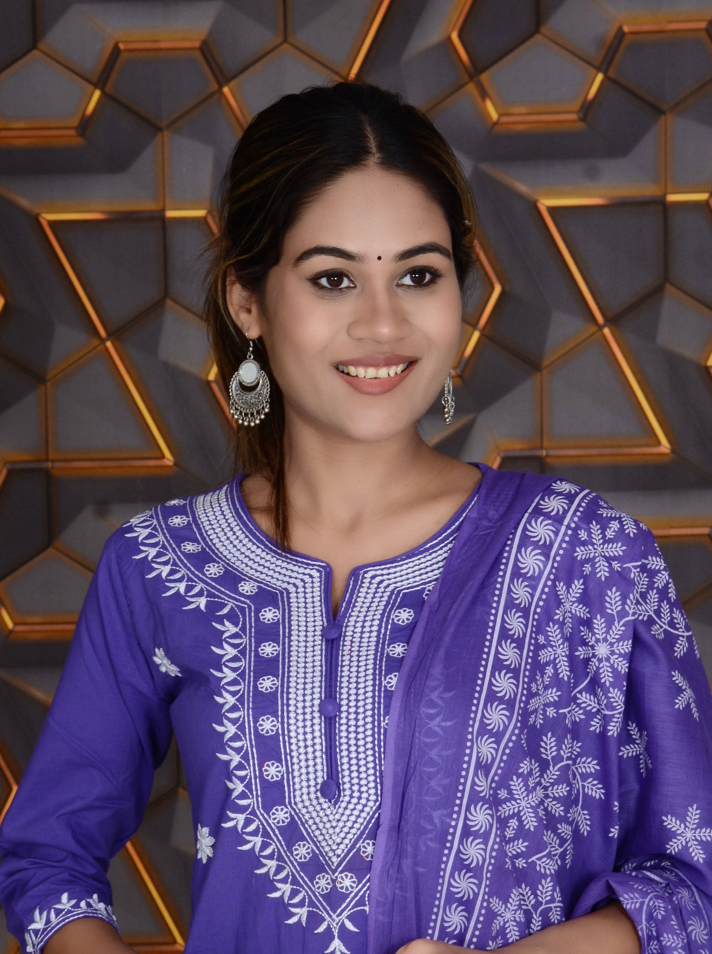 Purple Printed Cotton Embroidery Work Straight Kurti And Pant with Cotton Dupatta Set