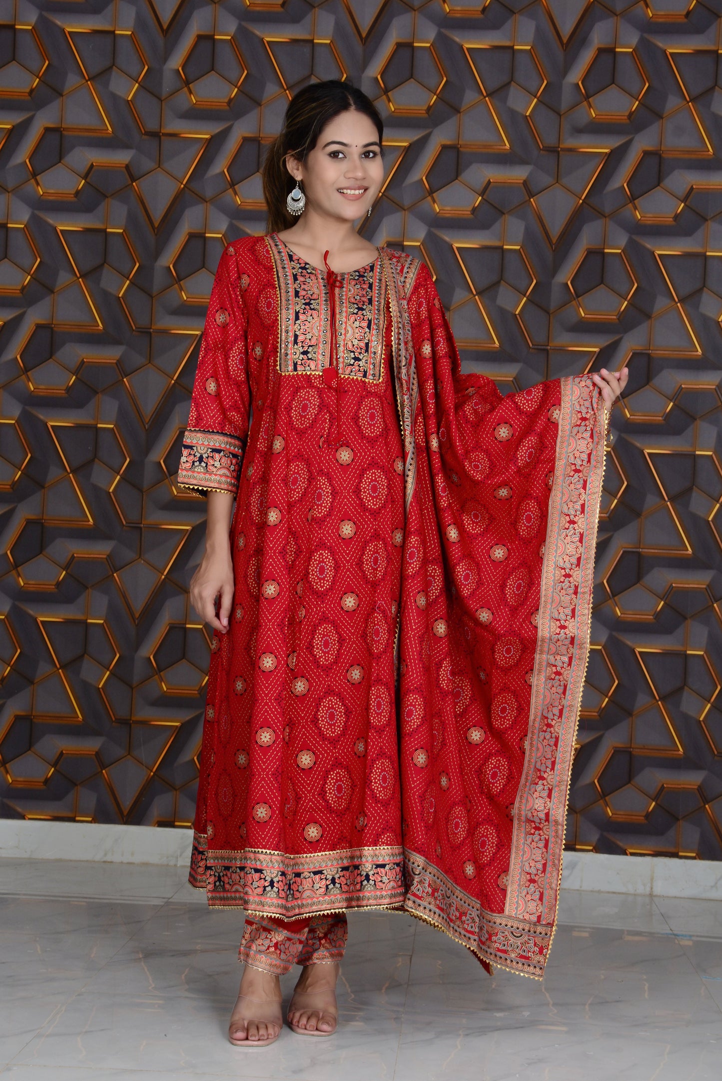 Red Printed Rayon Embroidery Work Anarkali Kurti And Pant with Dupatta Set