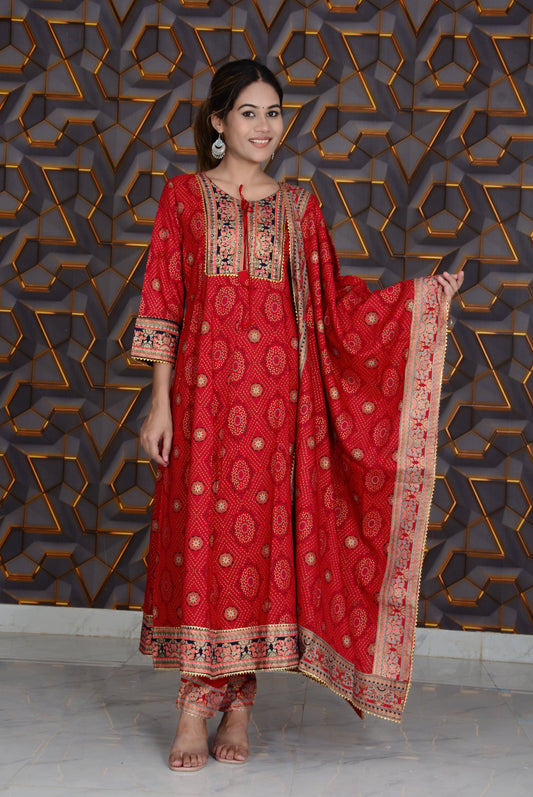 Red Printed Rayon Embroidery Work Anarkali Kurti And Pant with Dupatta Set