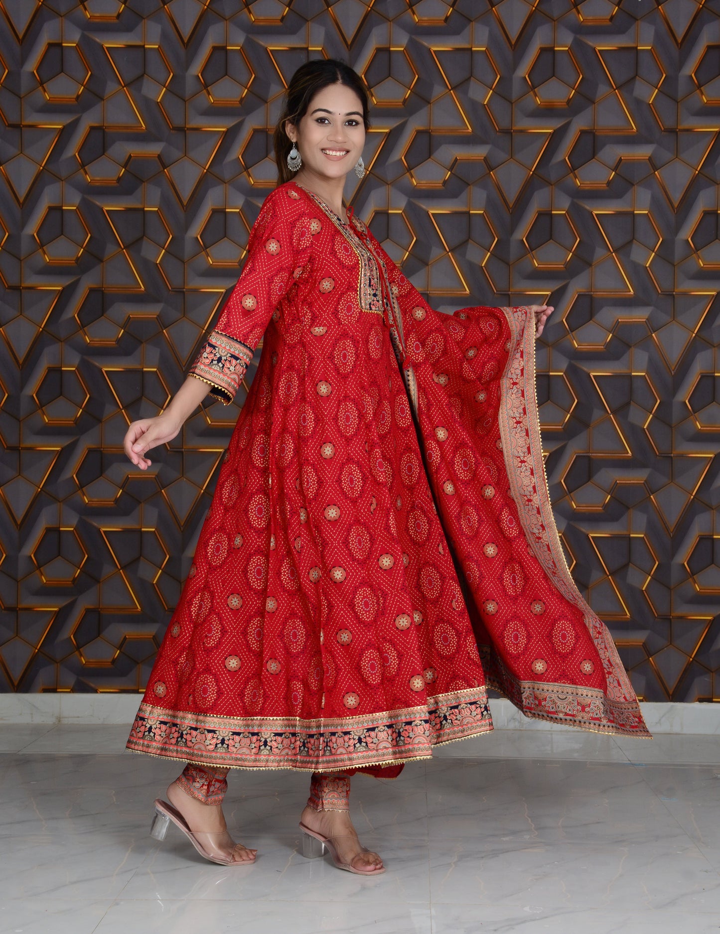 Red Printed Rayon Embroidery Work Anarkali Kurti And Pant with Dupatta Set