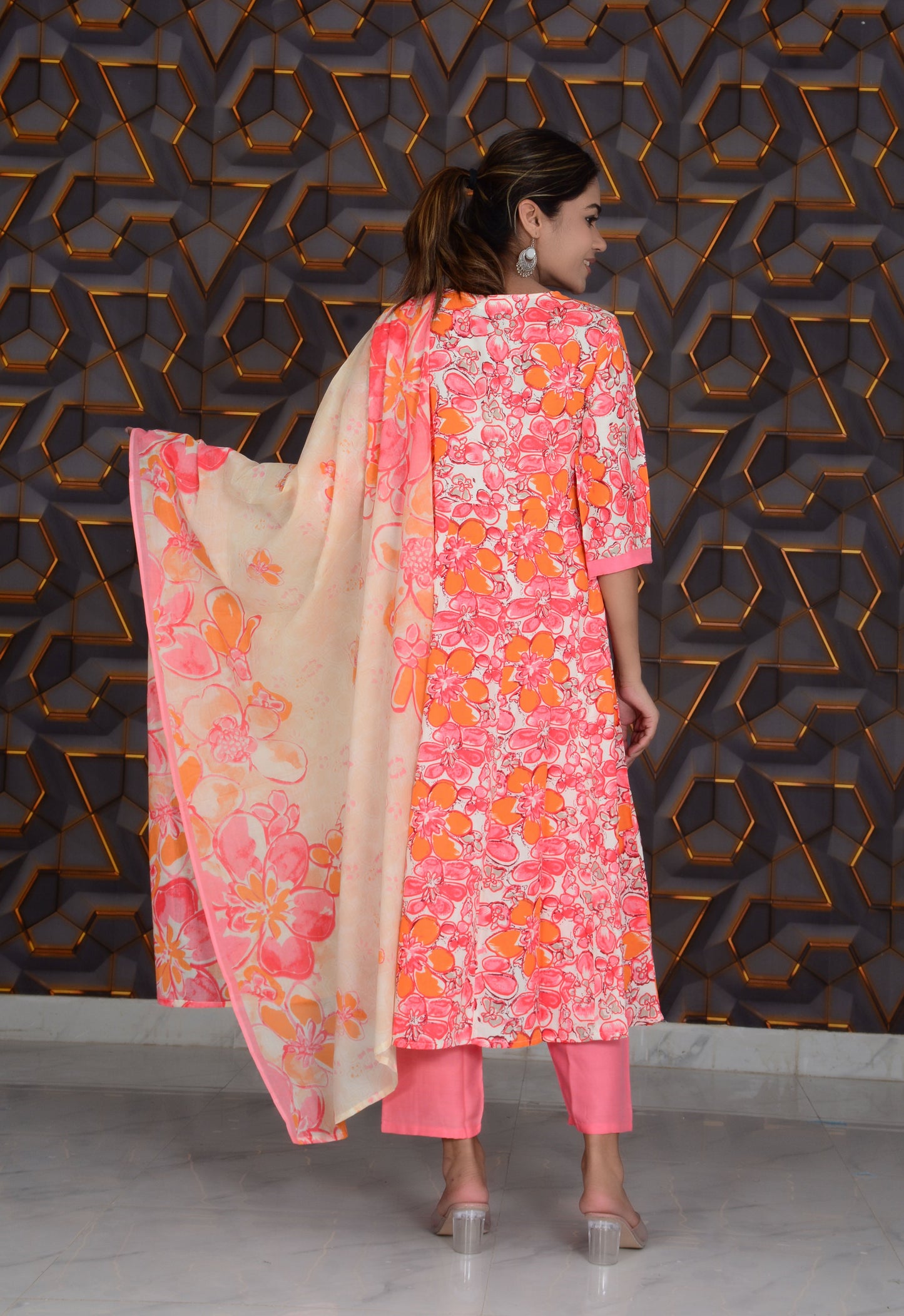 Pink Printed Rayon Embroidery Work Anarkali Kurti And Pant with Dupatta Set