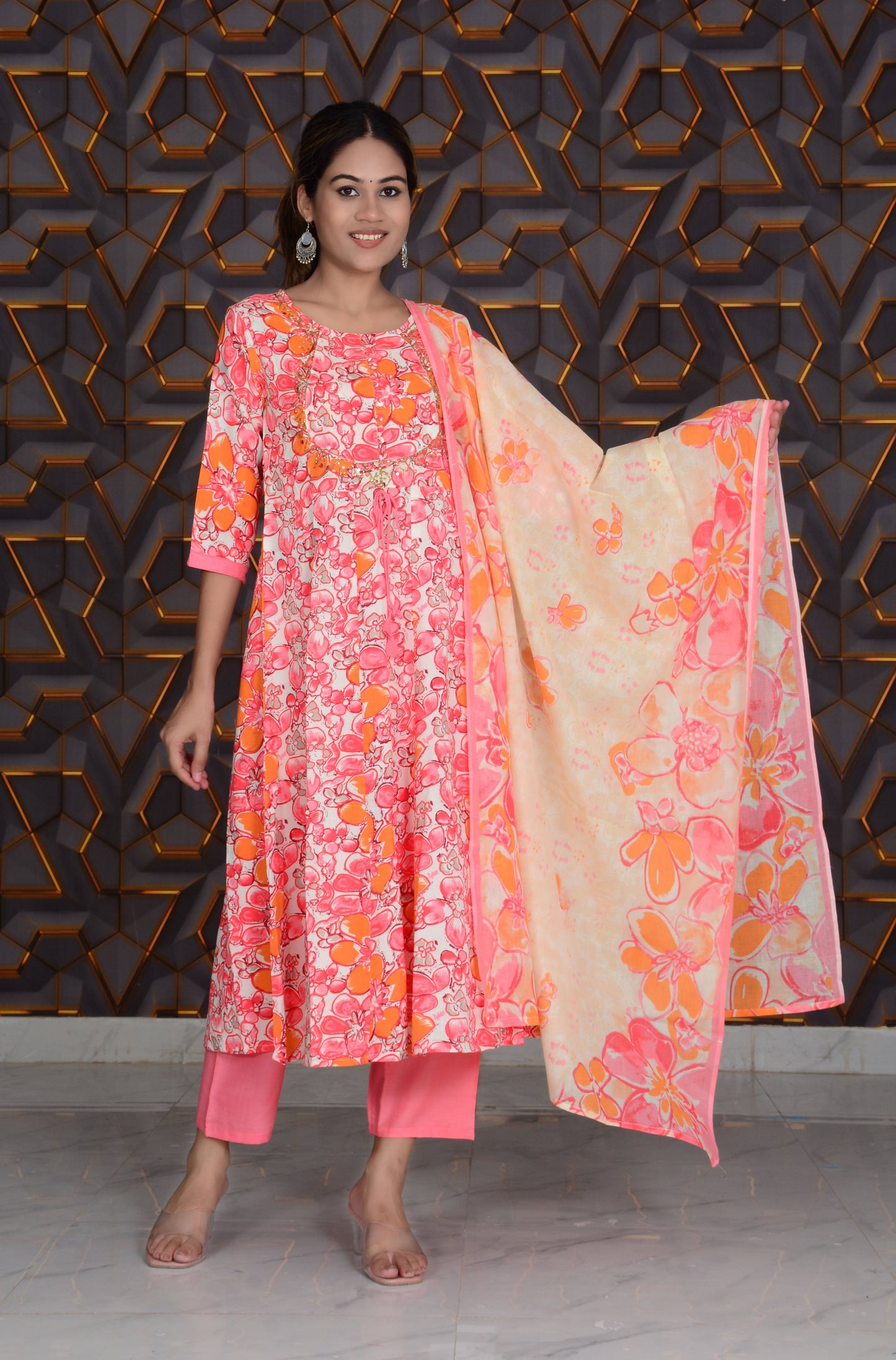 Pink Printed Rayon Embroidery Work Anarkali Kurti And Pant with Dupatta Set