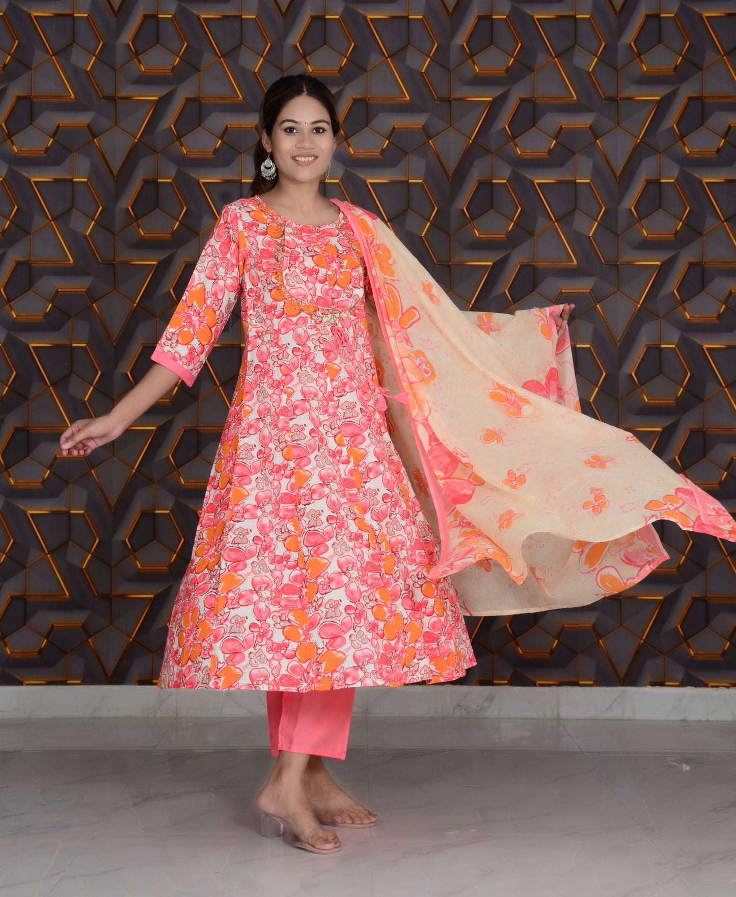 Pink Printed Rayon Embroidery Work Anarkali Kurti And Pant with Dupatta Set