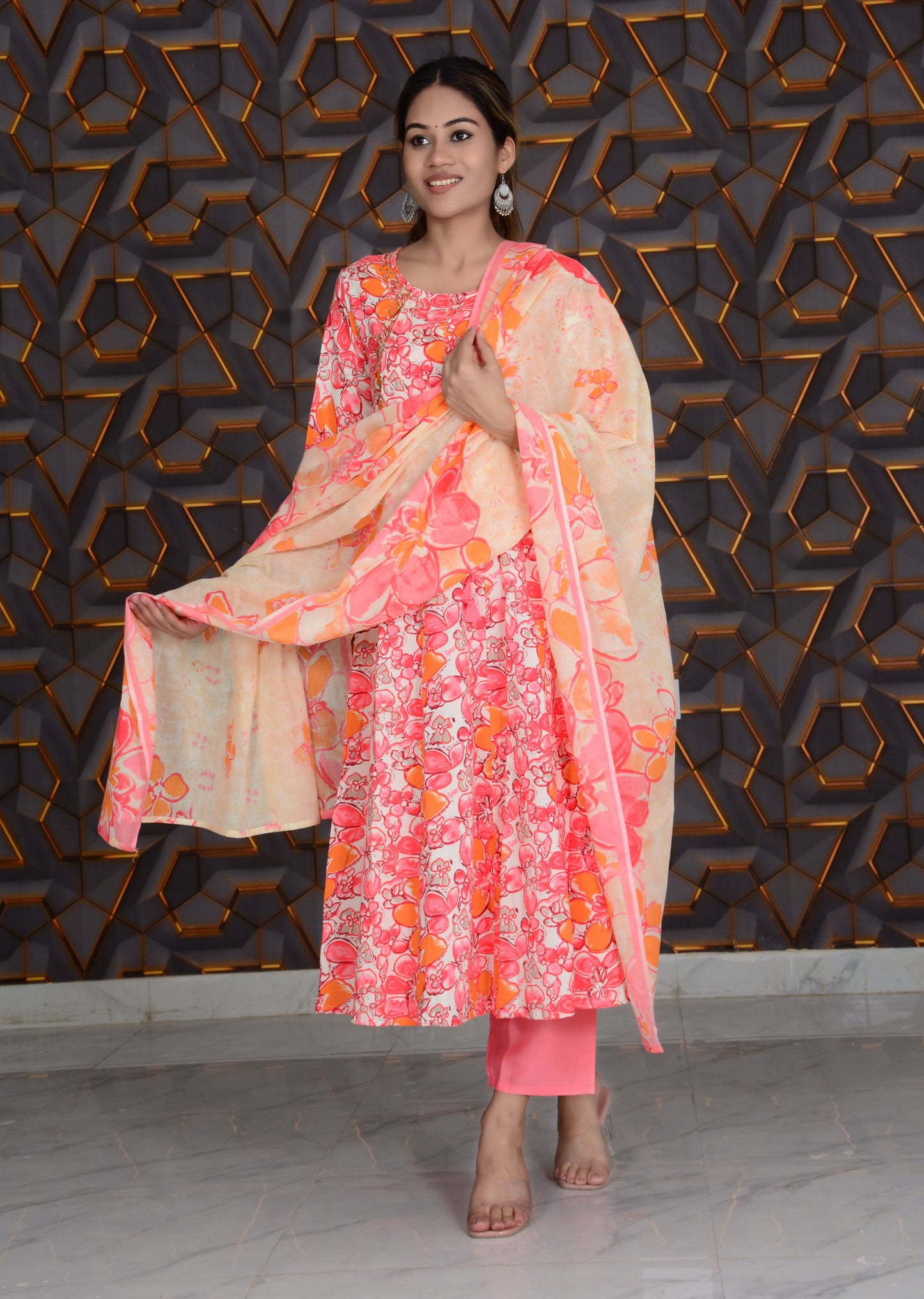 Pink Printed Rayon Embroidery Work Anarkali Kurti And Pant with Dupatta Set