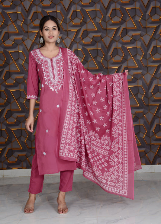 Red Printed Cotton Embroidery Work Straight Kurti And Pant with Cotton Dupatta Set