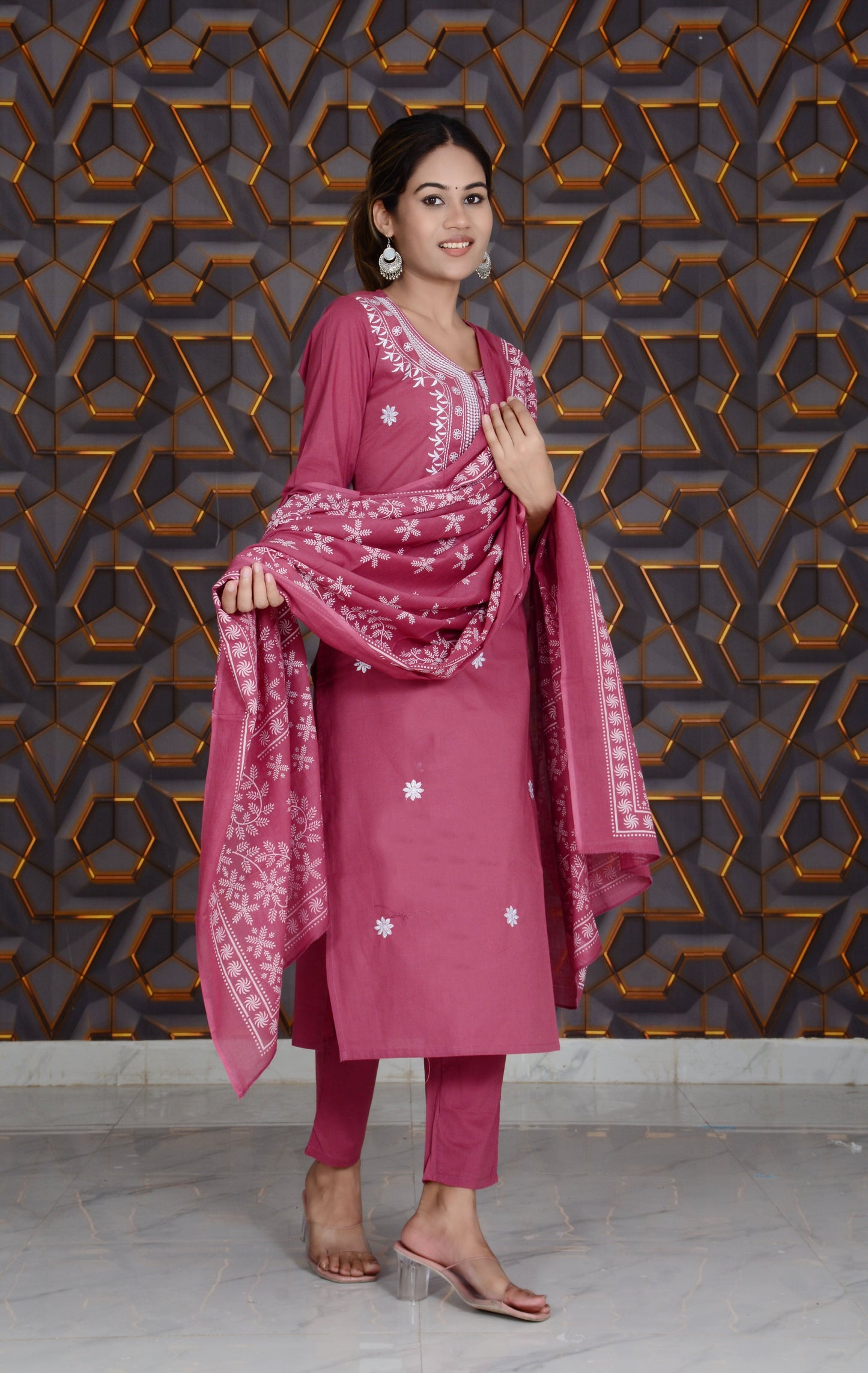 Red Printed Cotton Embroidery Work Straight Kurti And Pant with Cotton Dupatta Set