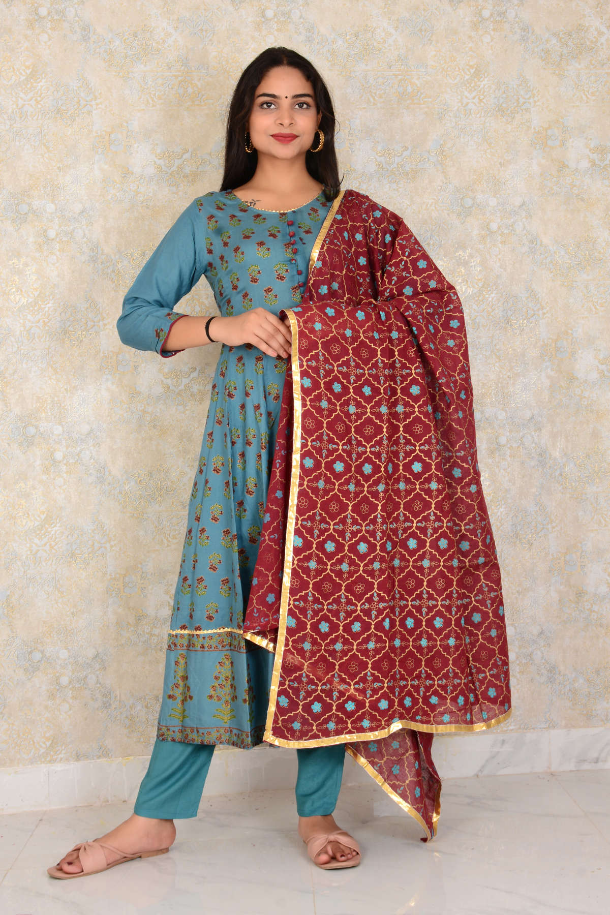 Designer Rayon Printed Anarkali Kurti Pant And Dupatta Set