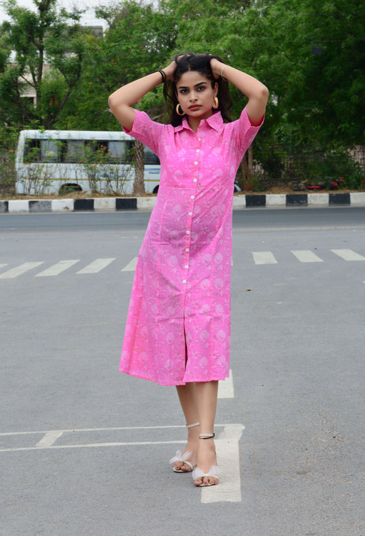 Pink Cotton Printed Fabric A-line Kurti Dress, 1 Peice